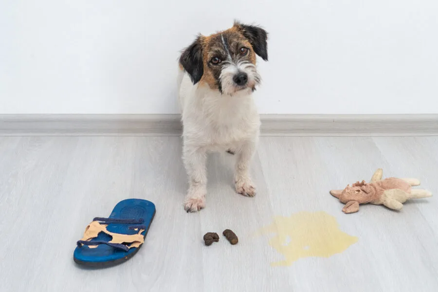 Cão olhando pela janela à espera do tutor, com expressão de inquietação